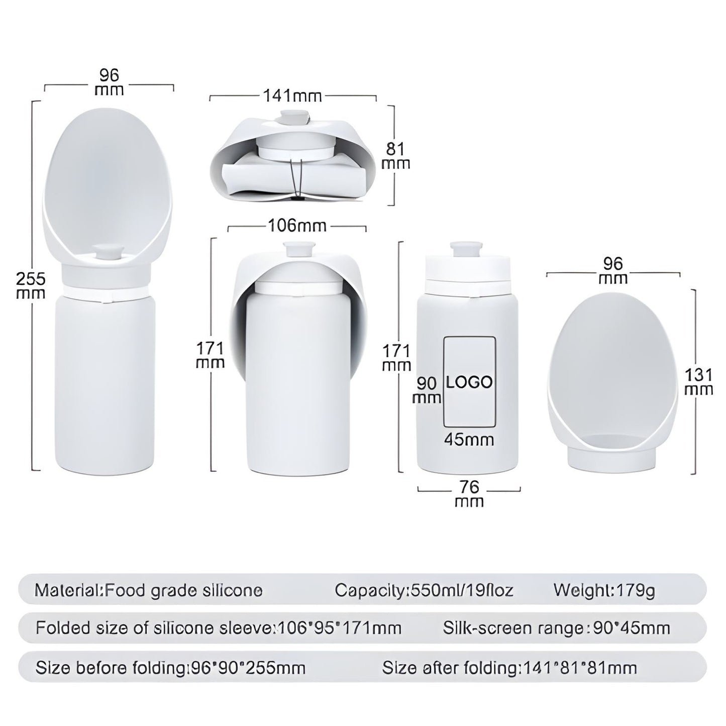 Technical diagram showing Sip-n-Stroll™ 550 ml portable dog water bottle dimensions, material, and design specifications