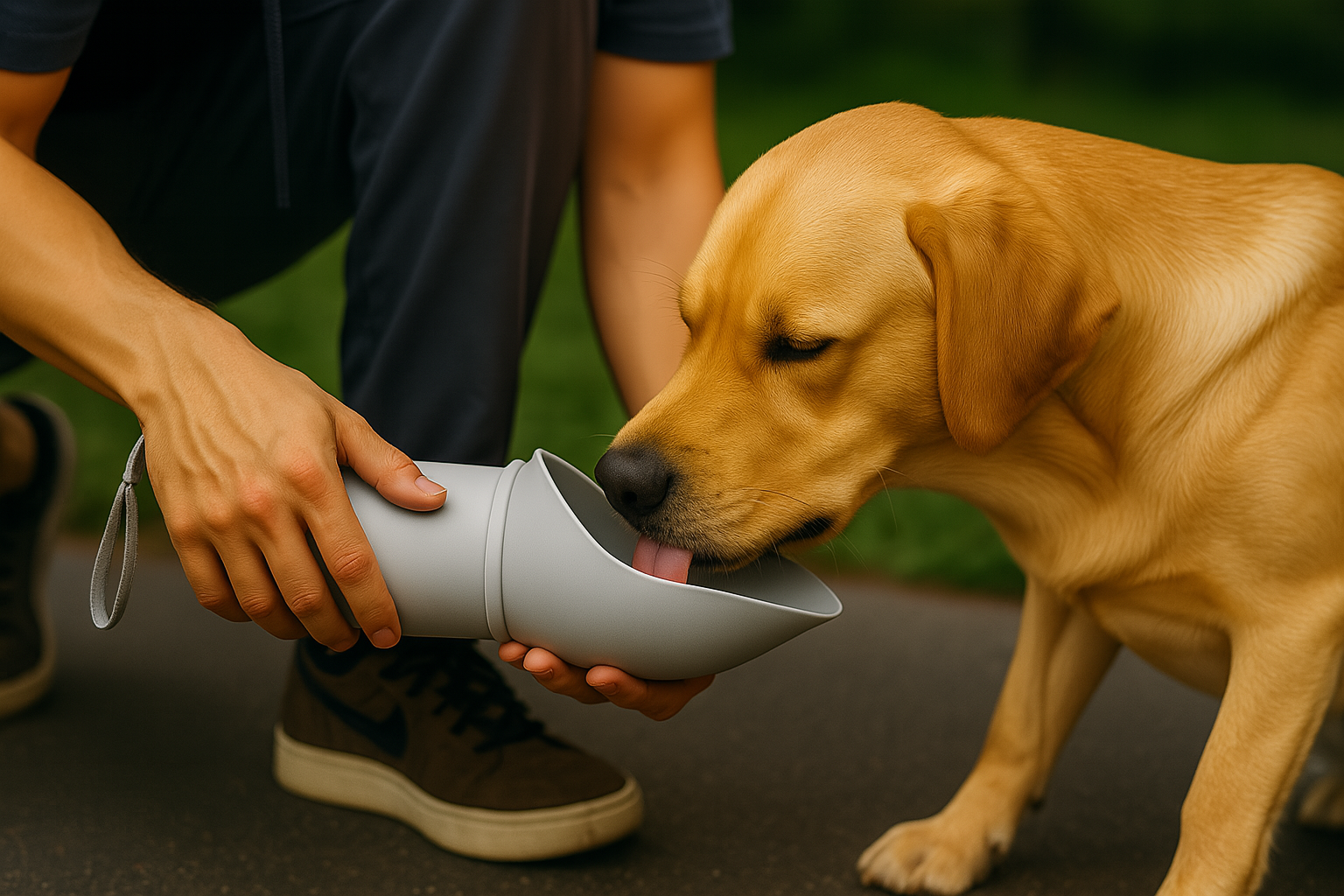 Golden Labrador drinking from Sip-n-Stroll portable dog water bottle held sideways by owner outdoors.