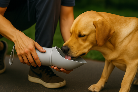 Golden Labrador drinking from Sip-n-Stroll portable dog water bottle held sideways by owner outdoors.