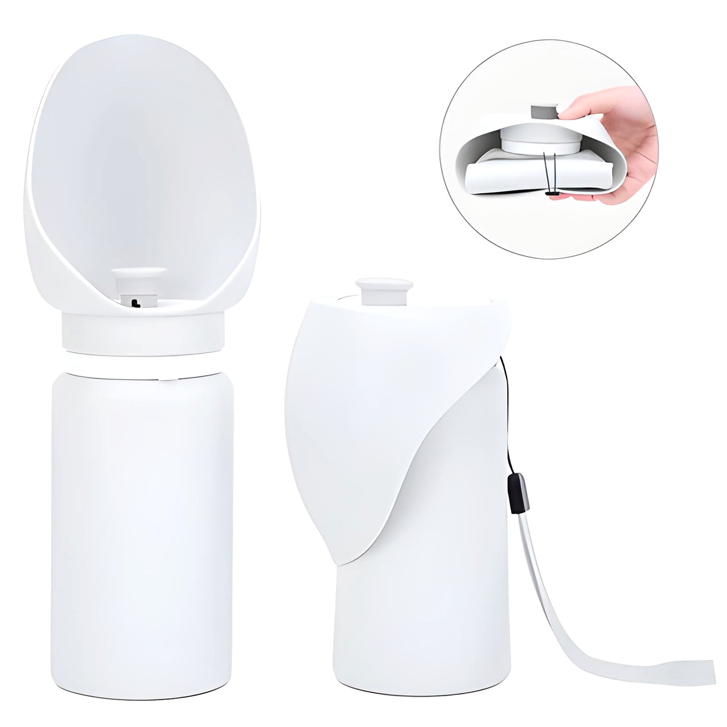 Sip-n-Stroll™ 550 ml portable dog water bottle — front and side view with folding feature shown, leak-proof one-hand design