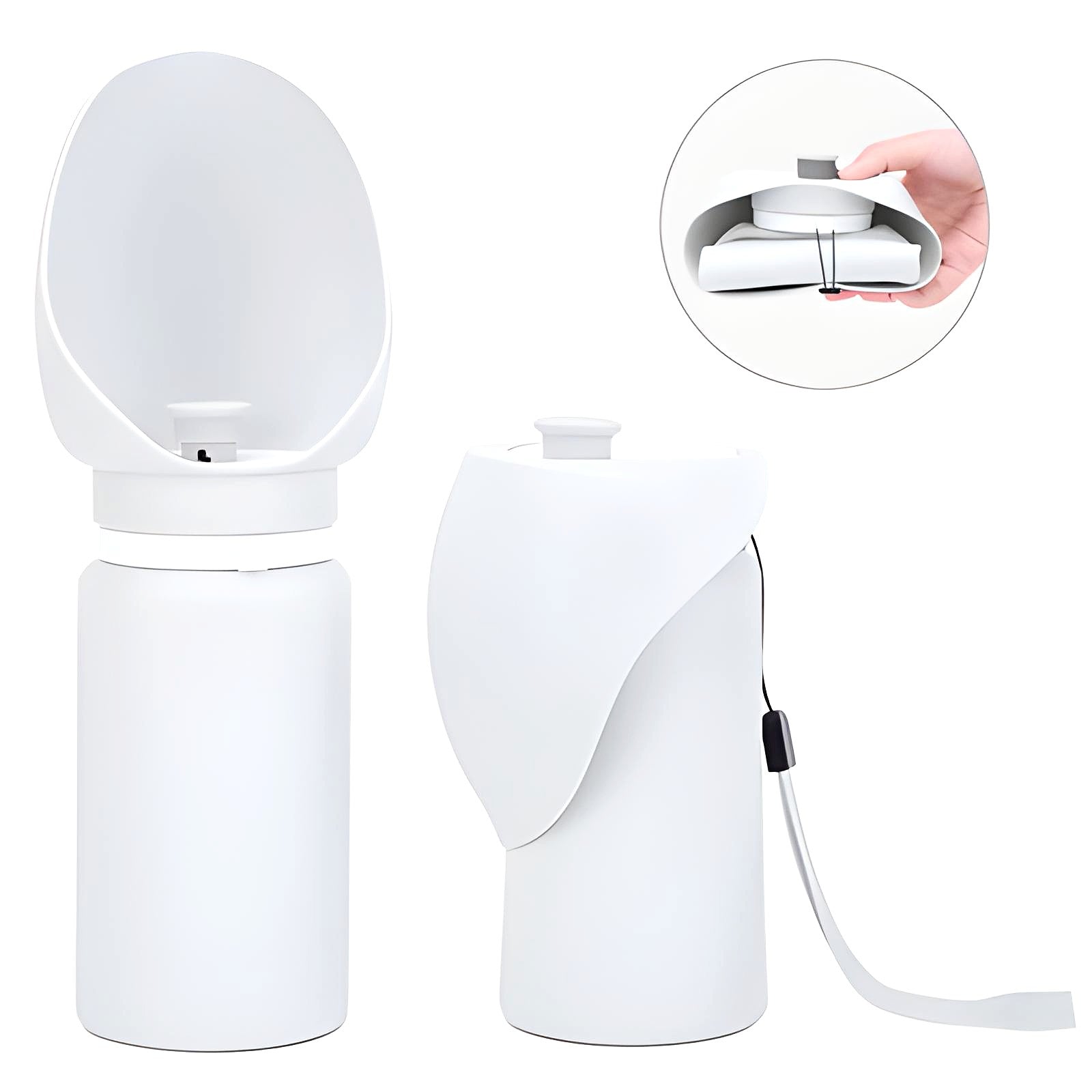 Sip-n-Stroll™ 550 ml portable dog water bottle — front and side view with folding feature shown, leak-proof one-hand design