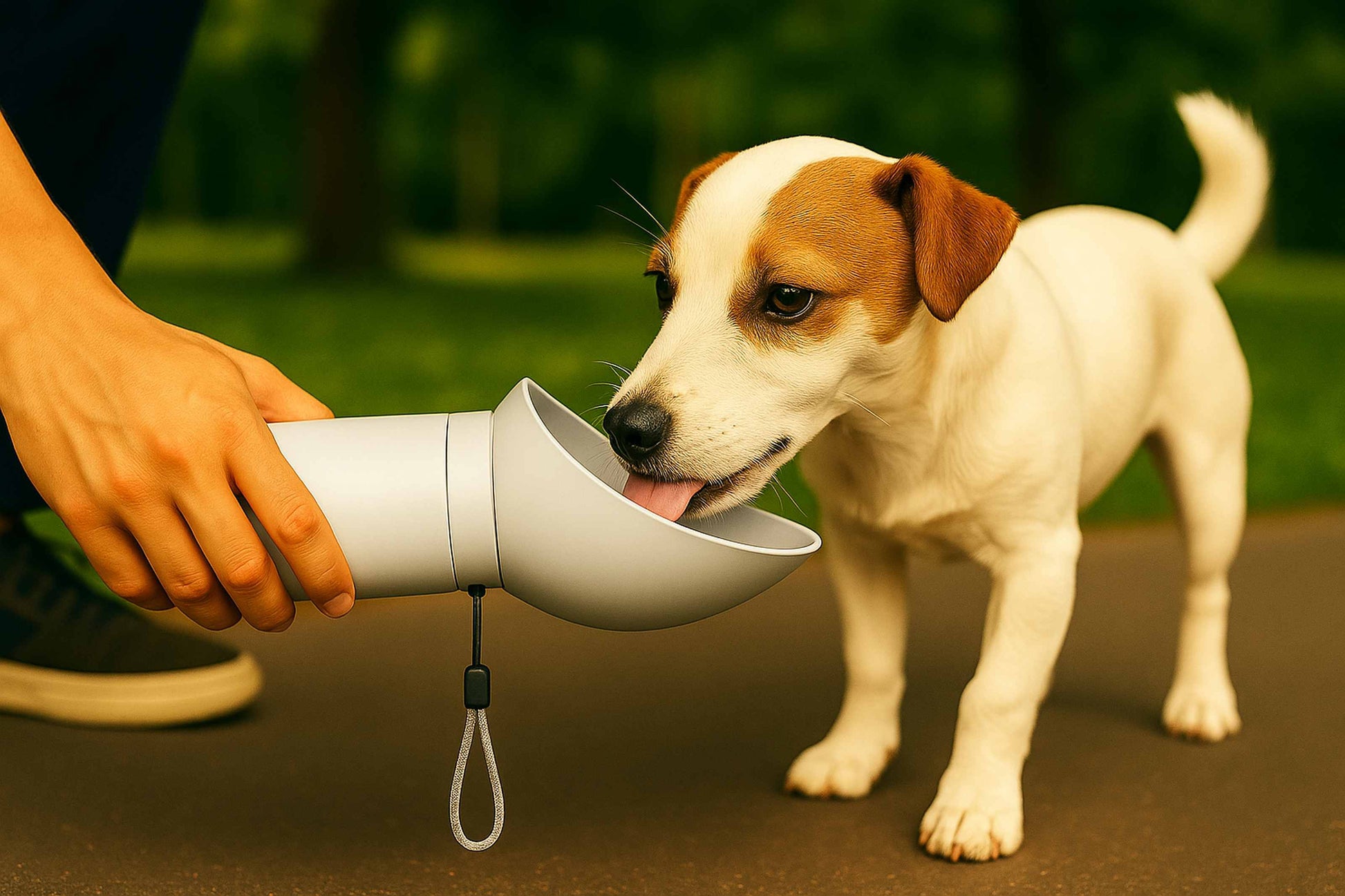 Jack Russell drinking from Sip-n-Stroll portable fold-flat dog water bottle outdoors, leak-proof BPA-free travel hydration cup.
